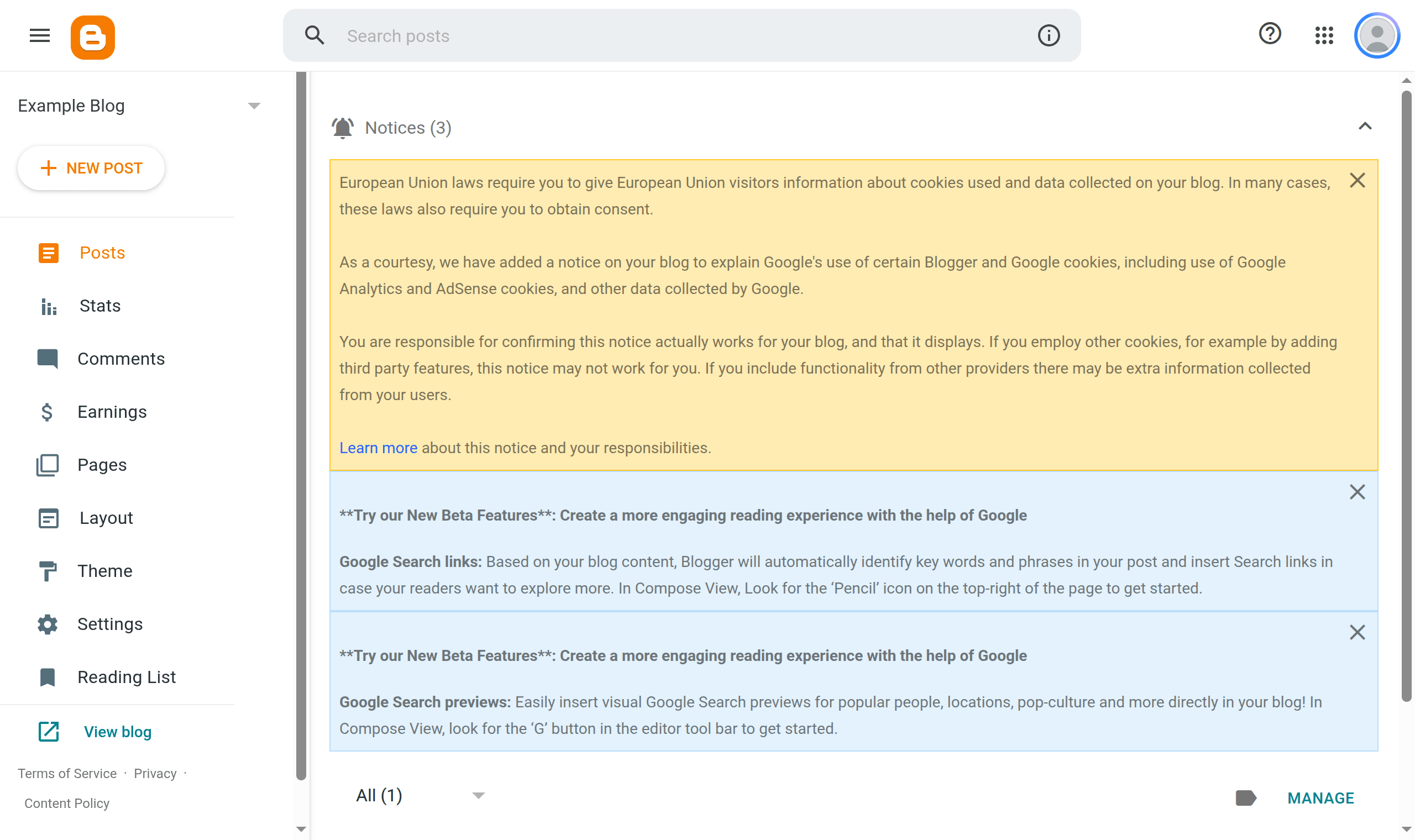The Blogger dashboard with a blog selected, showing the blog name in the top-left and a NEW POST button.