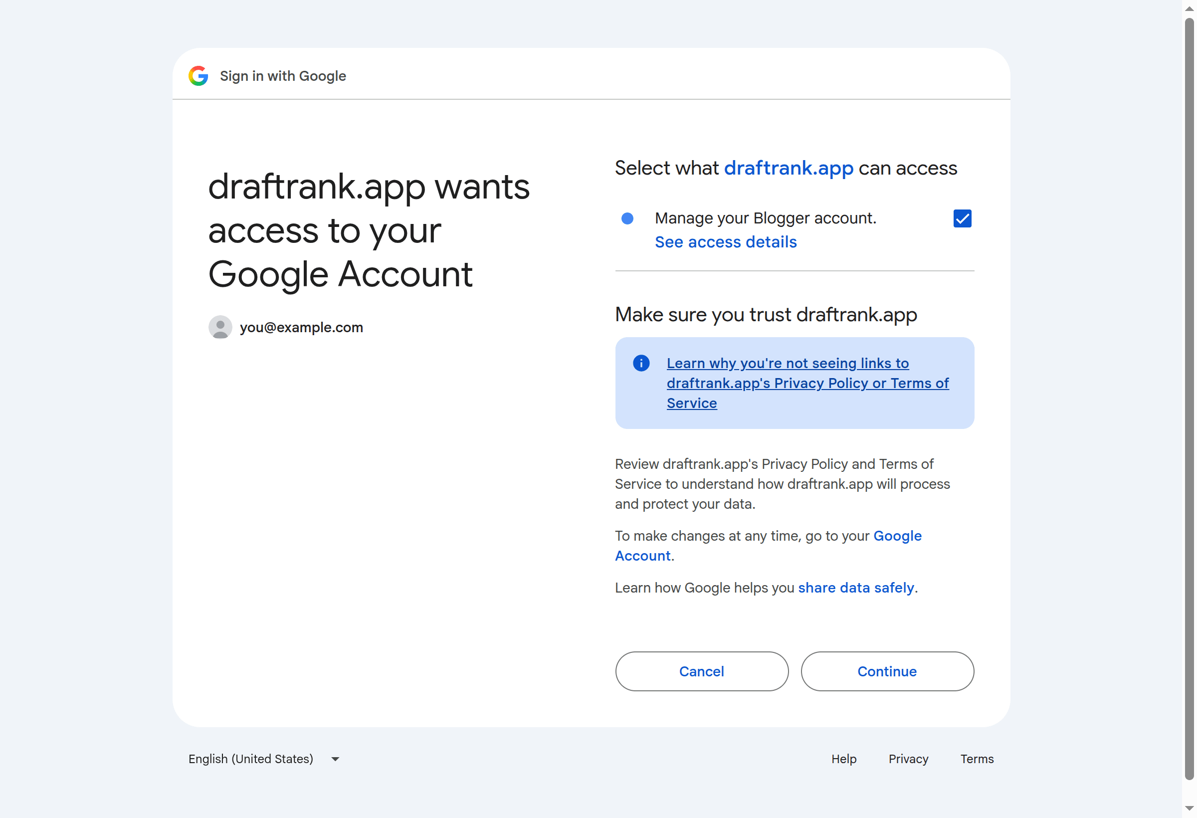 Google's consent screen with the “Manage your Blogger account” permission ticked.