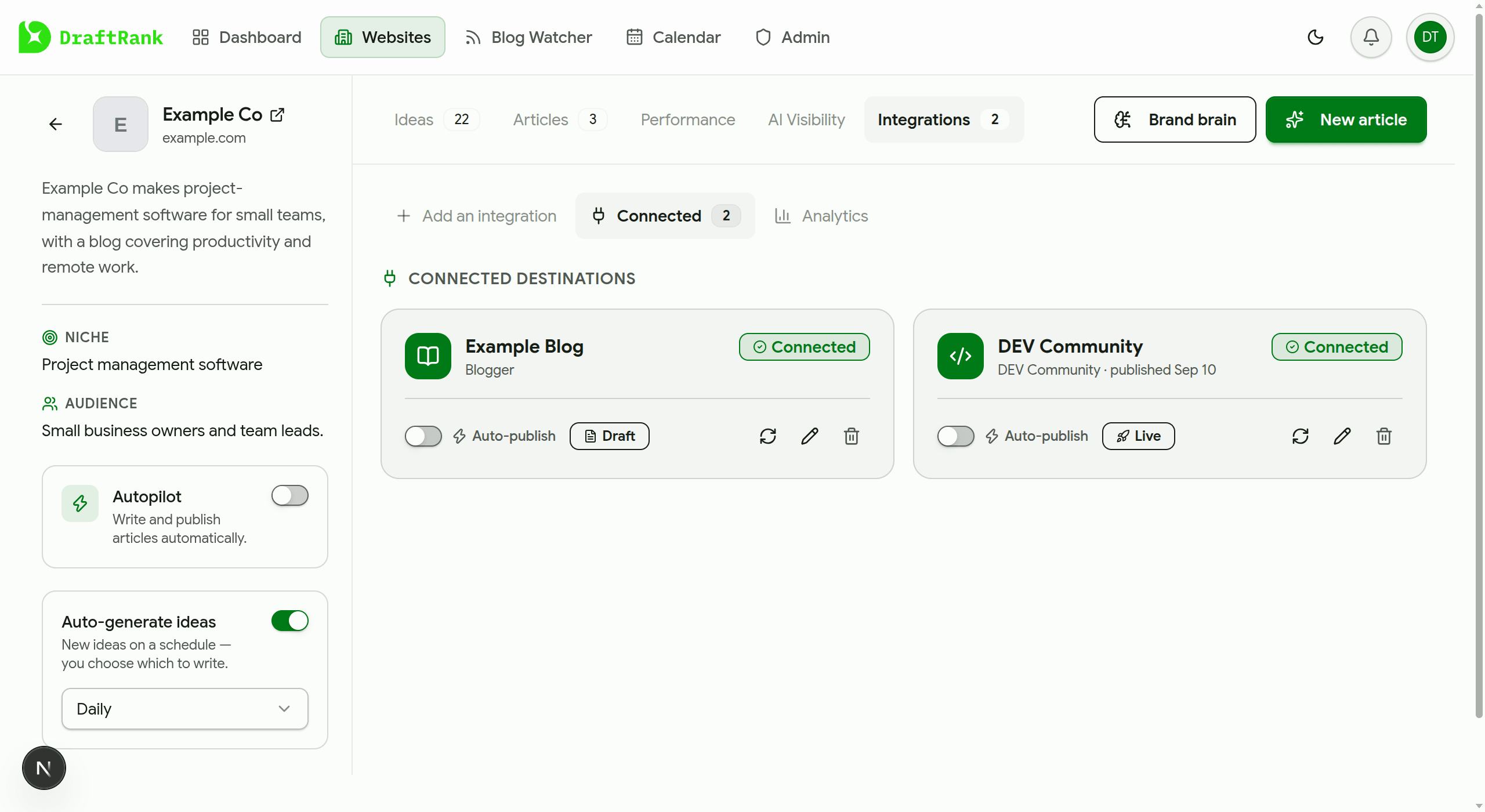 The Connected destinations view in DraftRank showing the Blogger destination marked Connected.