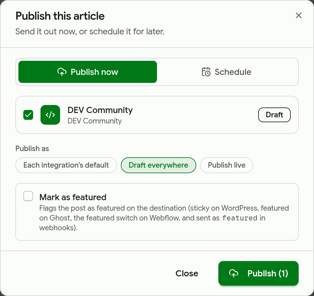 DraftRank's Publish this article dialog with DEV Community ticked and Draft everywhere selected.