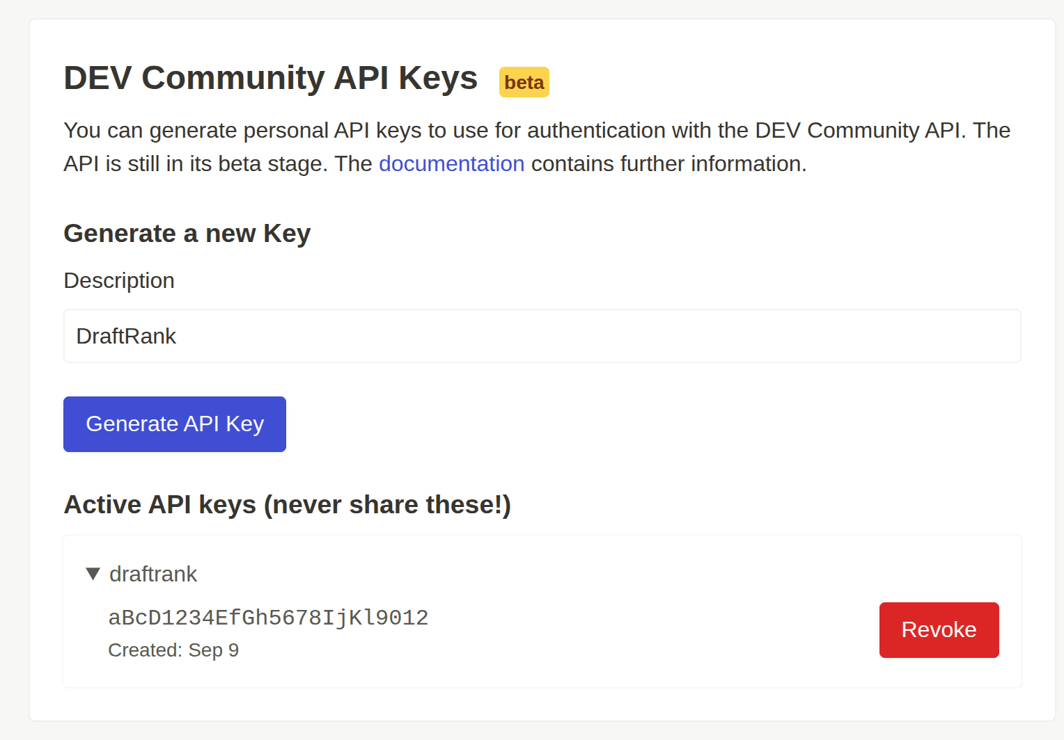 An expanded row under Active API keys in dev.to settings showing a key value, its creation date and a red Revoke button. The key shown is a dummy value.