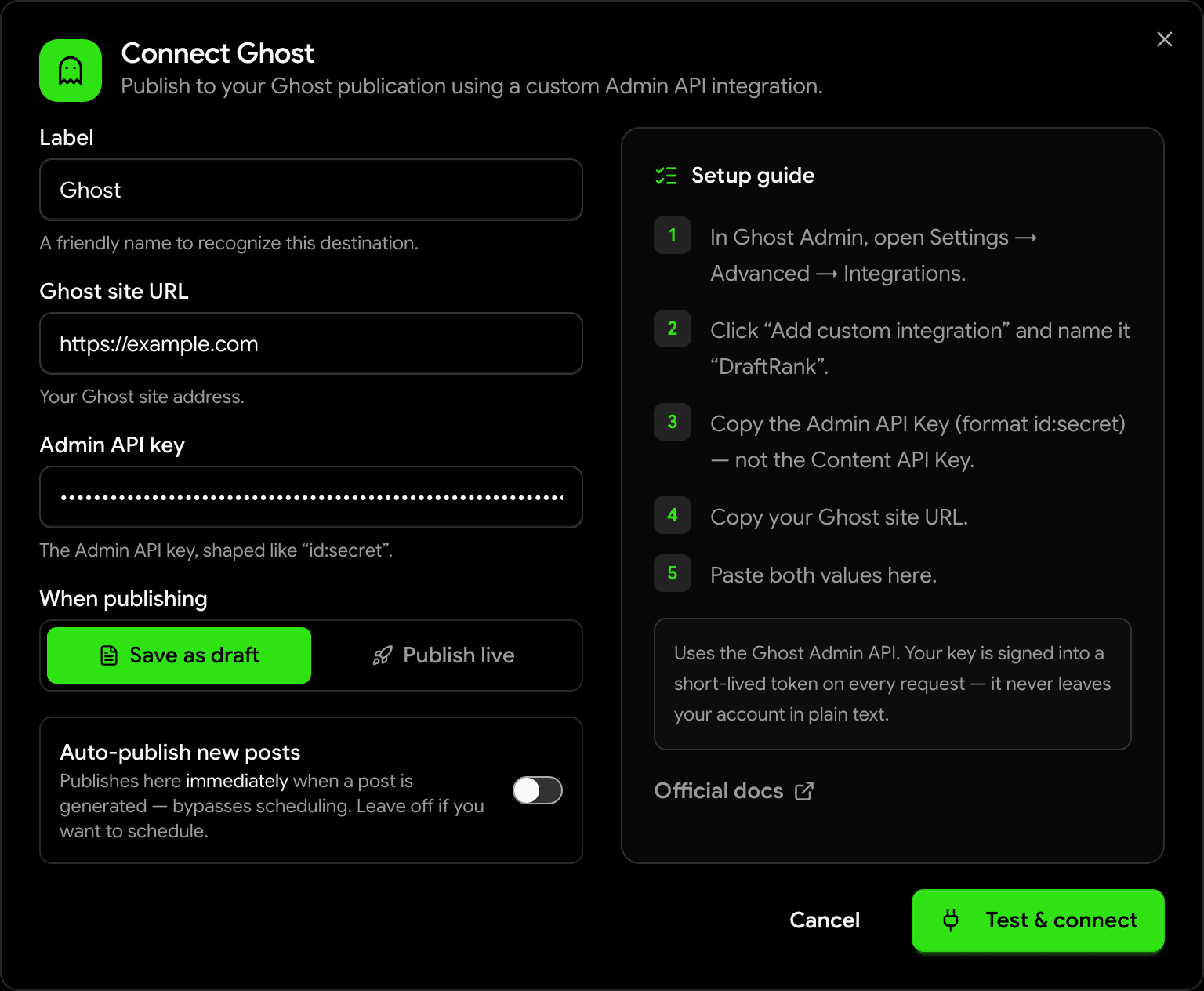 DraftRank's Connect Ghost dialog filled in with a Ghost site URL and an Admin API key.