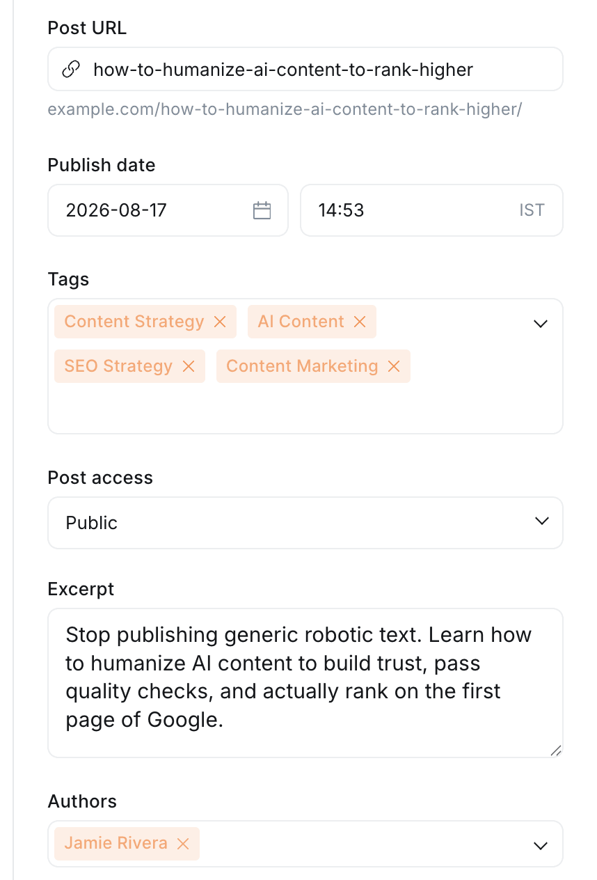 The Ghost post settings panel showing the post URL, publish date, four tags, post access, excerpt and author.
