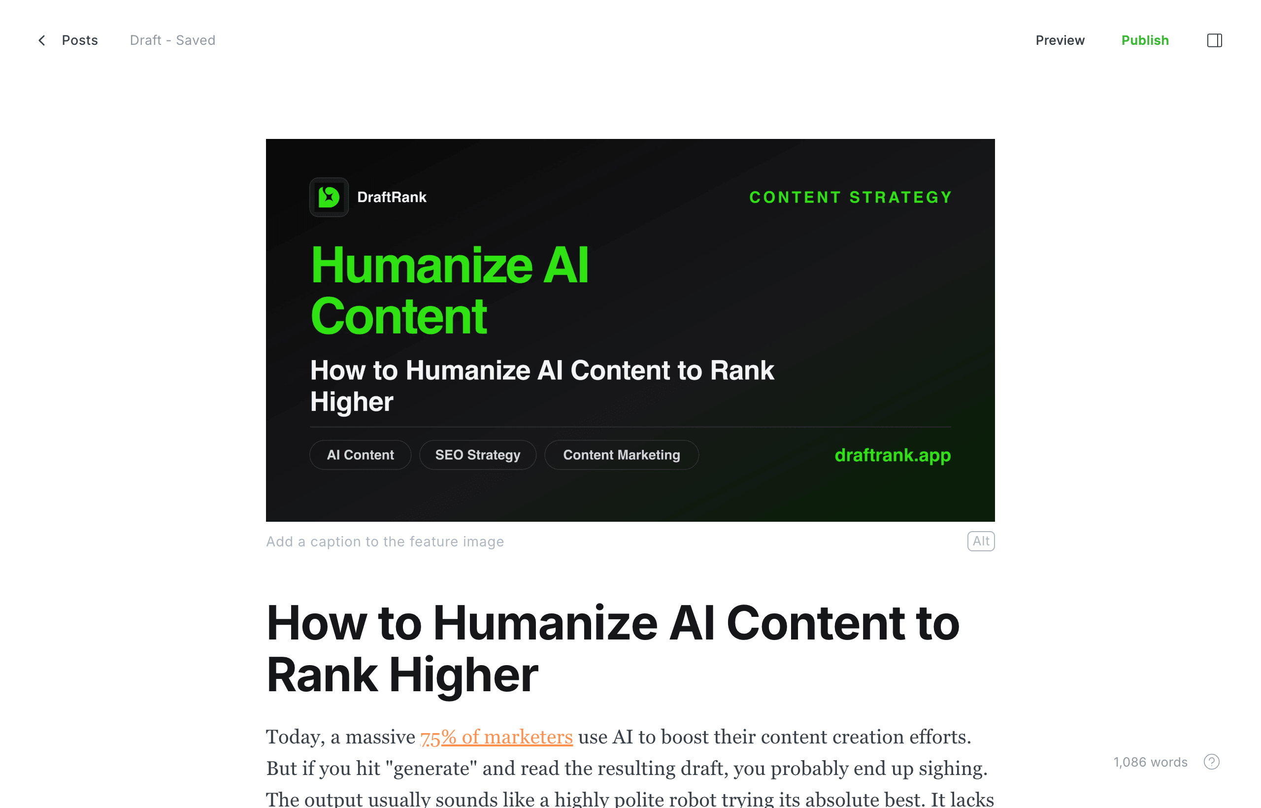 A DraftRank article open in the Ghost editor with the cover set as the feature image and the body starting at the first paragraph.