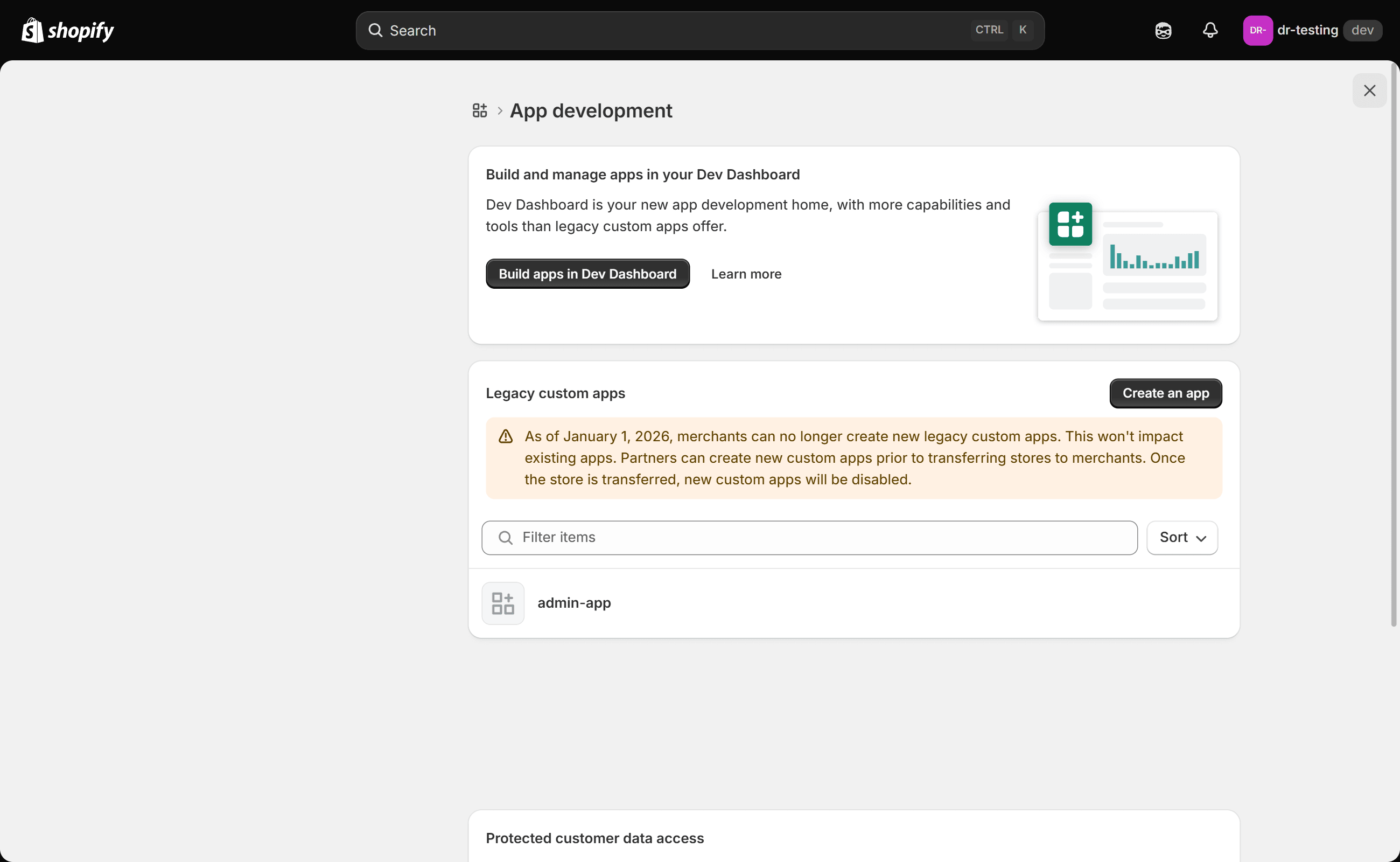 Shopify's App development screen, showing the notice that legacy custom apps can no longer be created as of 1 January 2026, with one existing custom app listed below it.