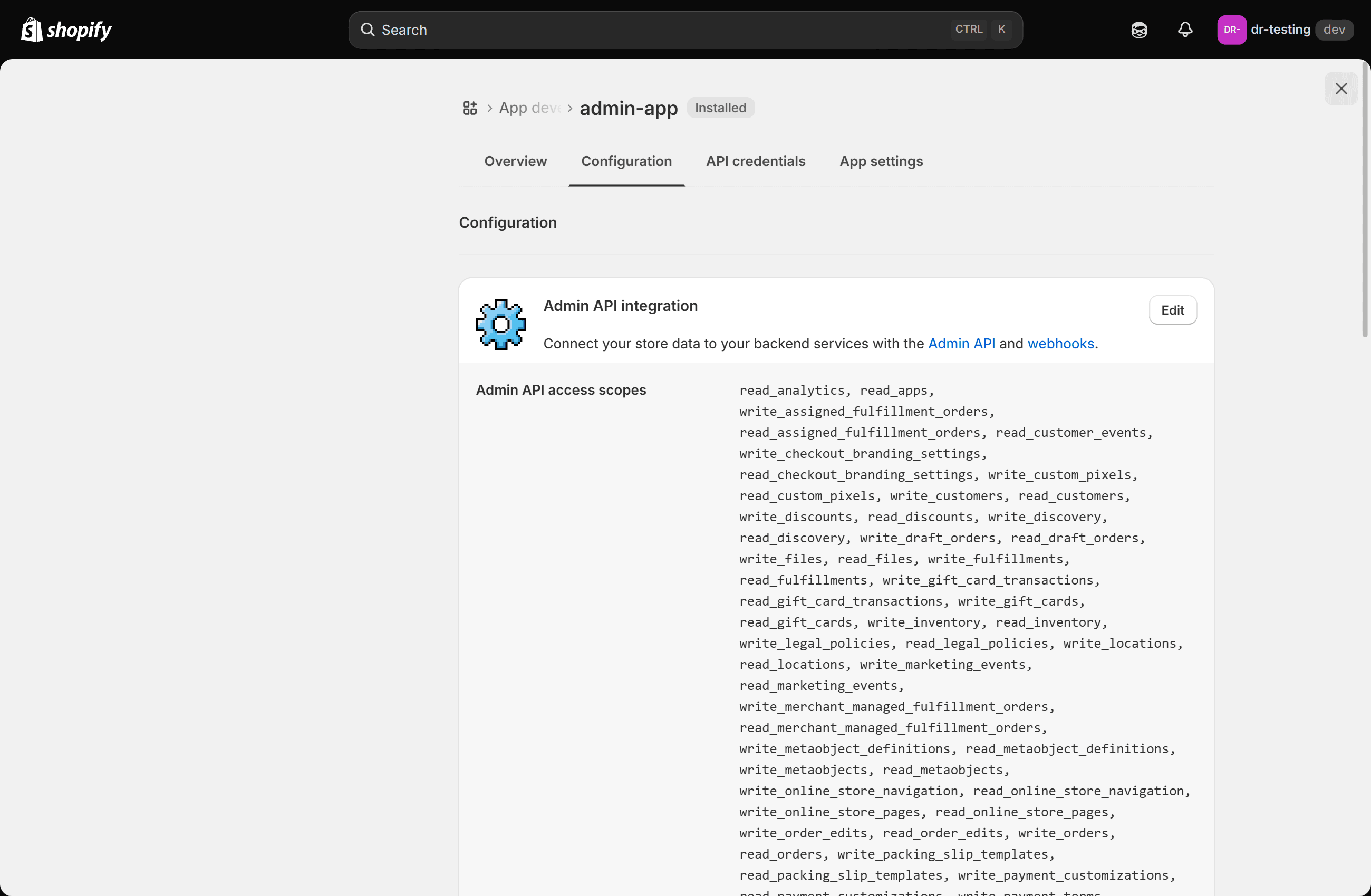 The Configuration tab of a Shopify custom app, showing the Admin API integration card and the list of Admin API access scopes granted to it.