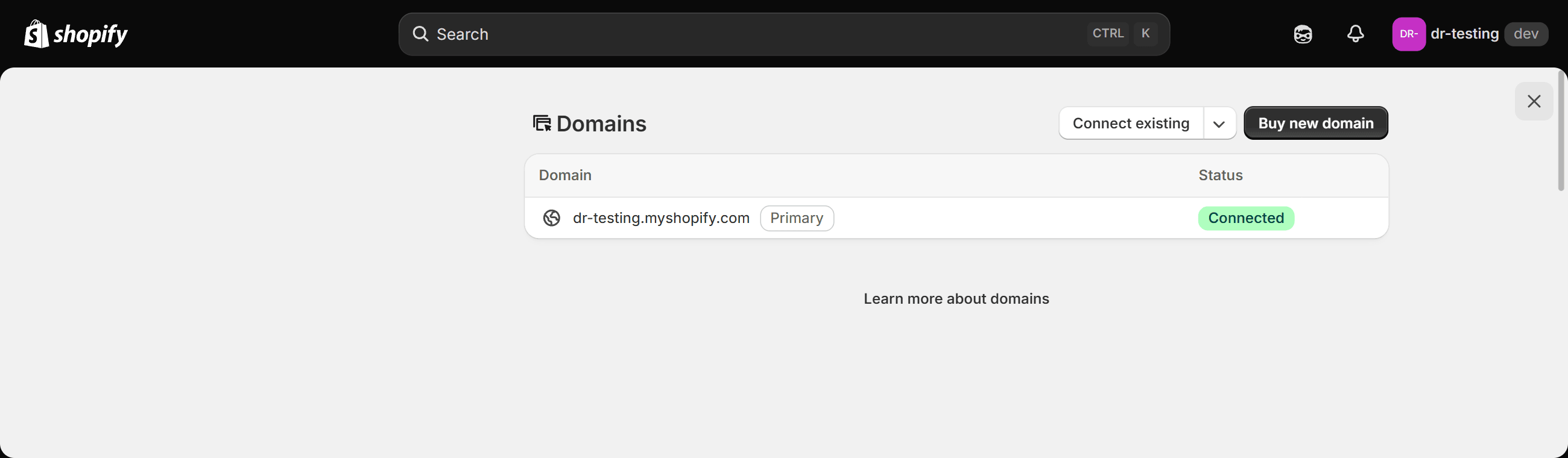 Shopify's Domains settings screen listing a single myshopify.com domain marked Primary with a Connected status.