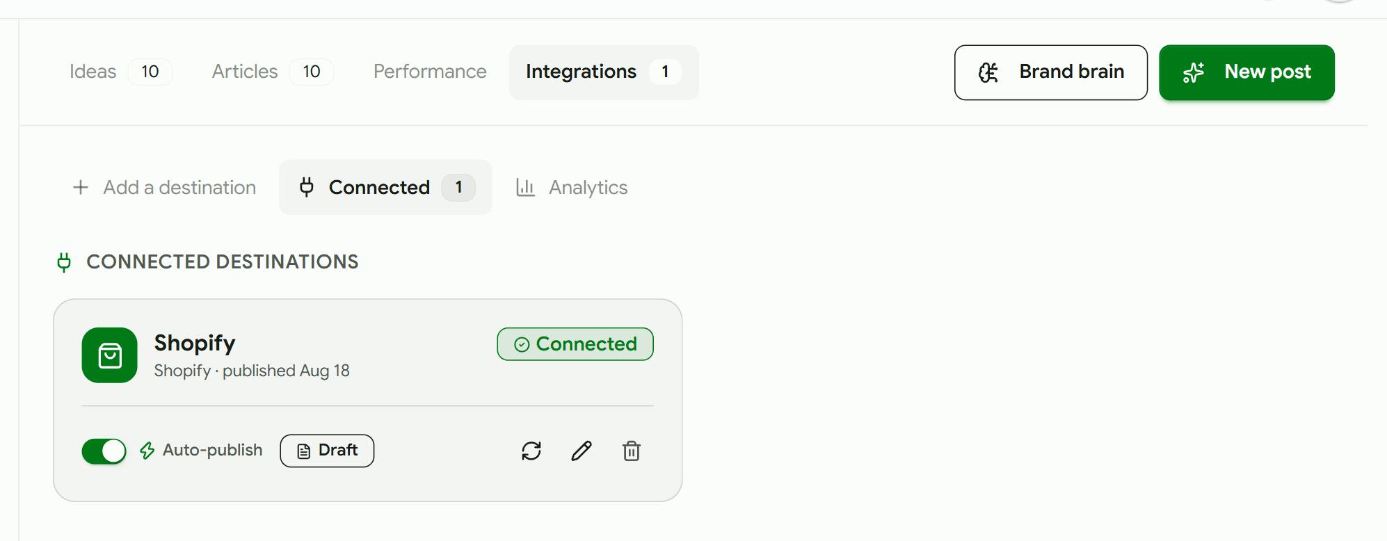 A connected Shopify destination in DraftRank showing a green Connected badge, an auto-publish toggle and a Draft badge.