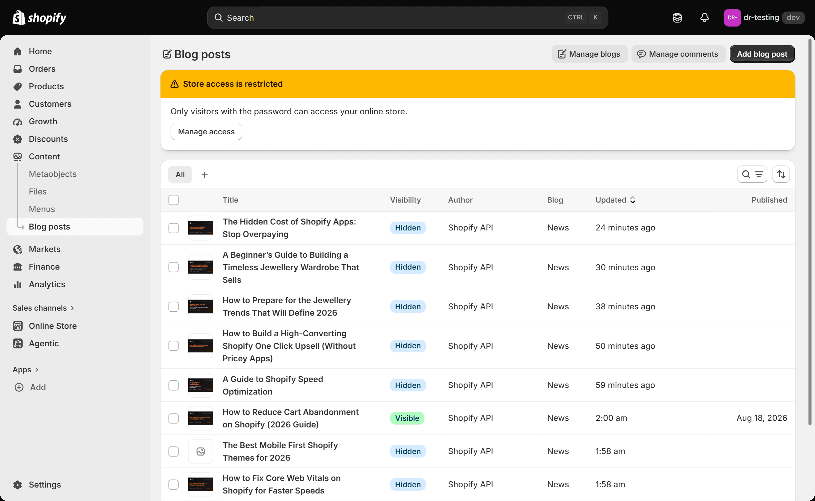 Shopify's Blog posts list showing several DraftRank articles in the News blog with their cover thumbnails, most marked Hidden and one marked Visible with a published date.