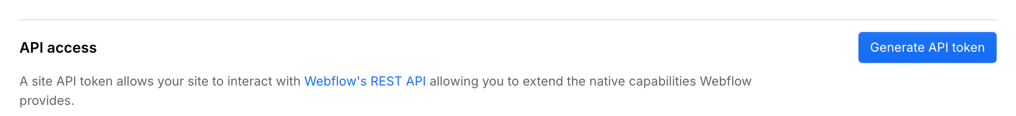 The API access section of Webflow's Apps & Integrations settings, with the Generate API token button.