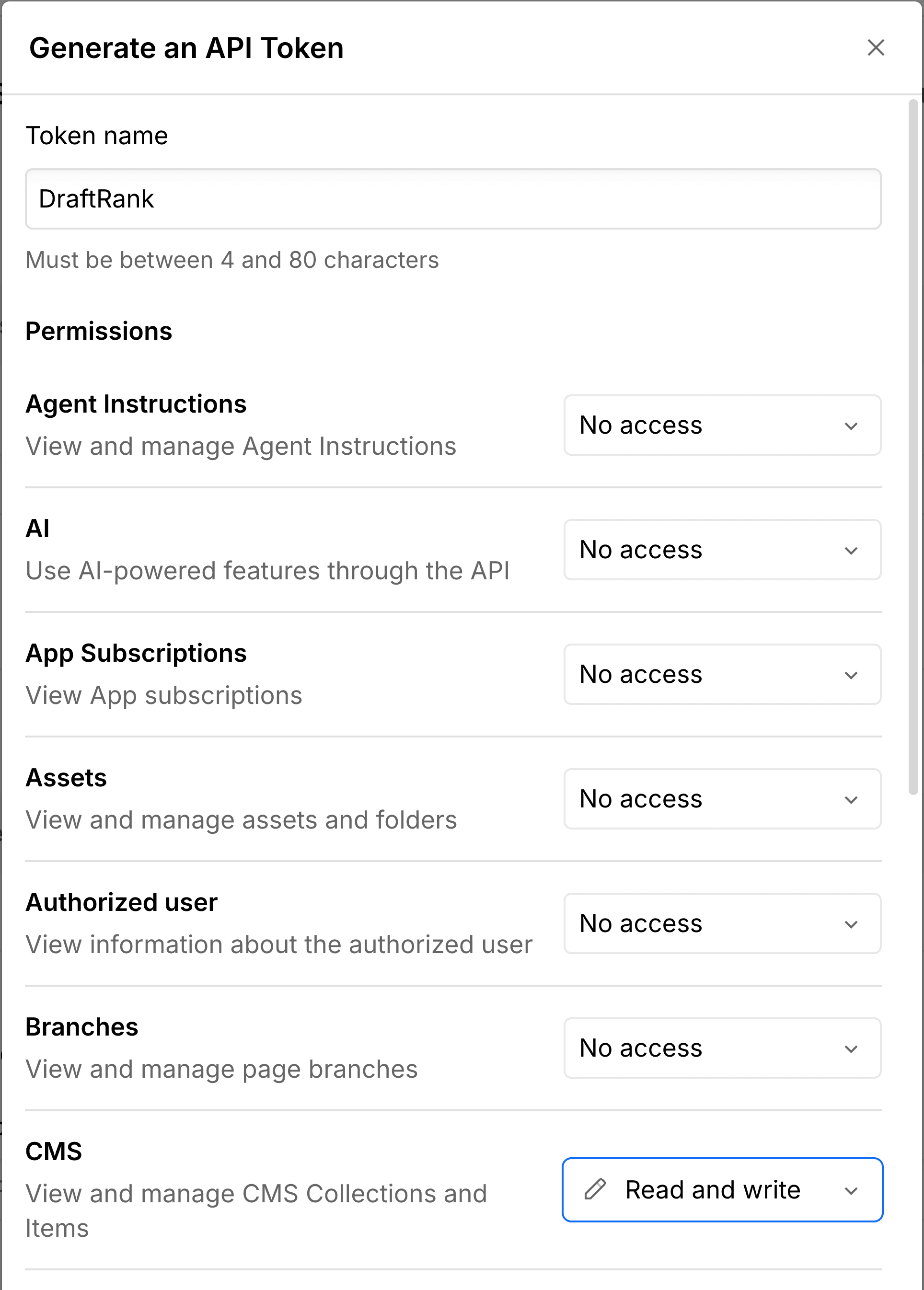 Webflow's Generate an API Token dialog, named DraftRank, with CMS set to Read and write and every other permission on No access.