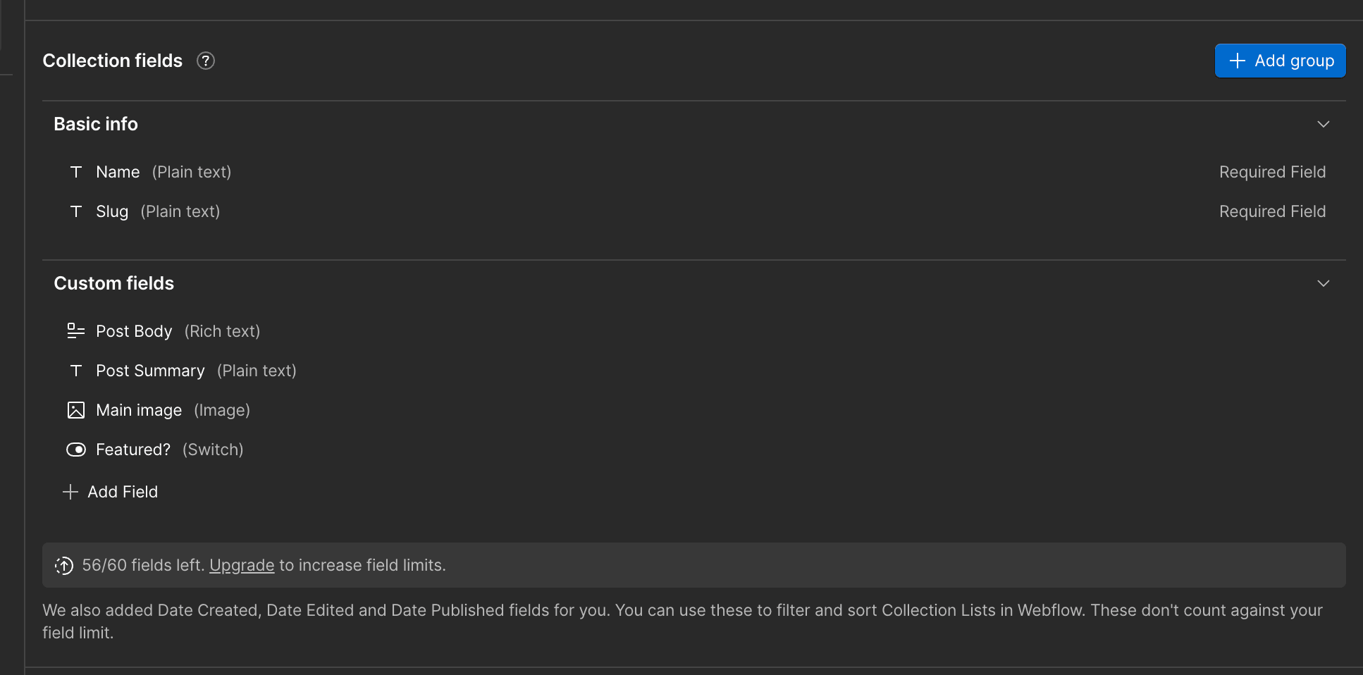 The Collection fields list for a Webflow blog collection: Name and Slug under Basic info, then Post Body (Rich text), Post Summary (Plain text), Main image (Image) and Featured? (Switch).