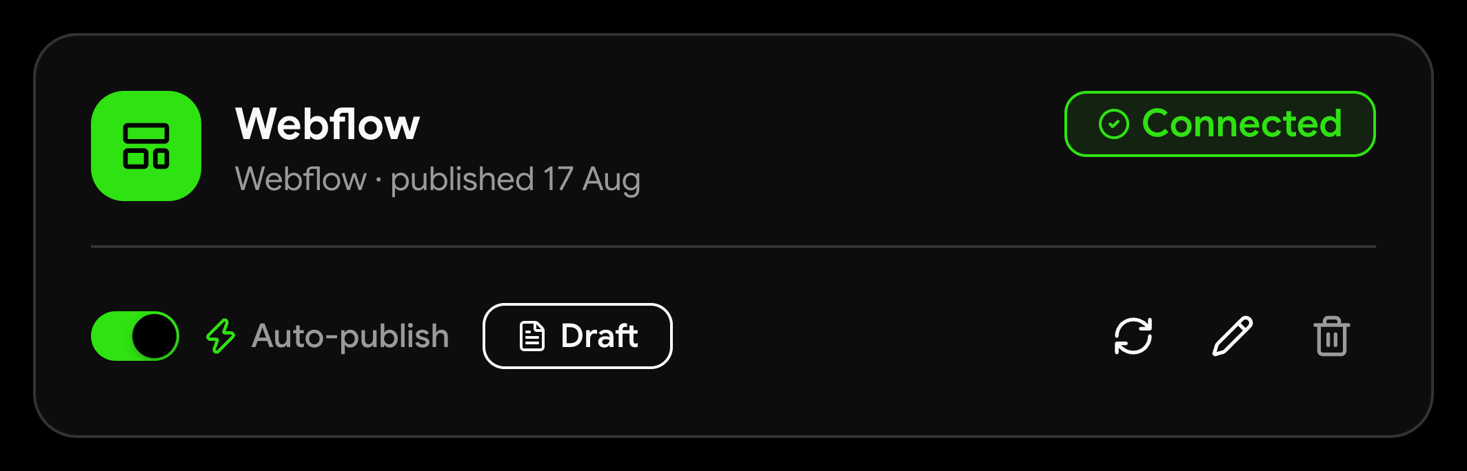 A connected Webflow destination in DraftRank, marked Connected, with the auto-publish toggle on and the publish mode set to Draft.