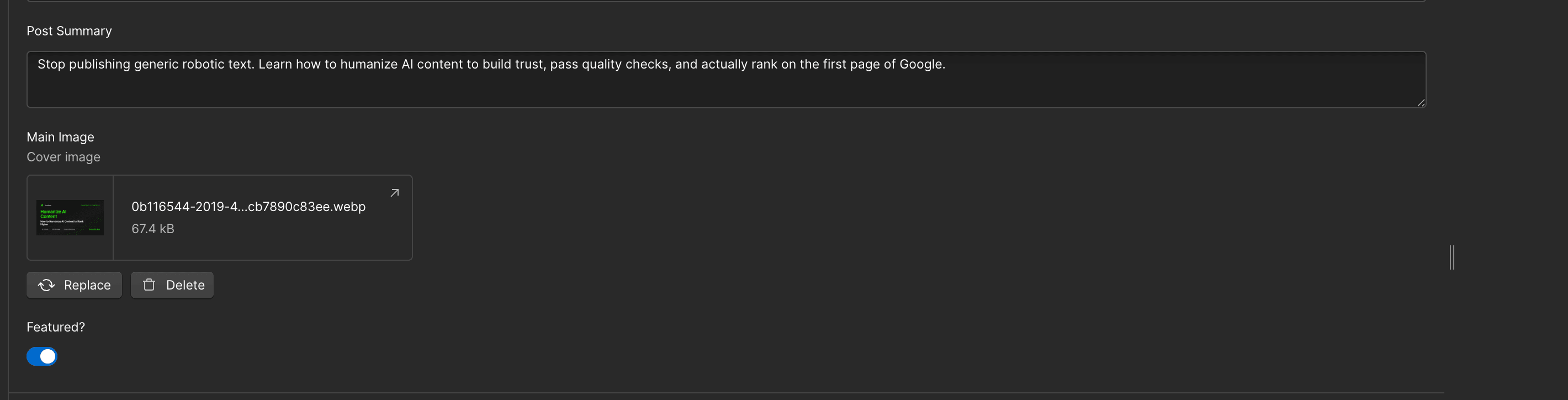 A DraftRank article open in Webflow's CMS editor: Post Summary filled with the meta description, Main Image holding the uploaded cover file, and the Featured? switch turned on.