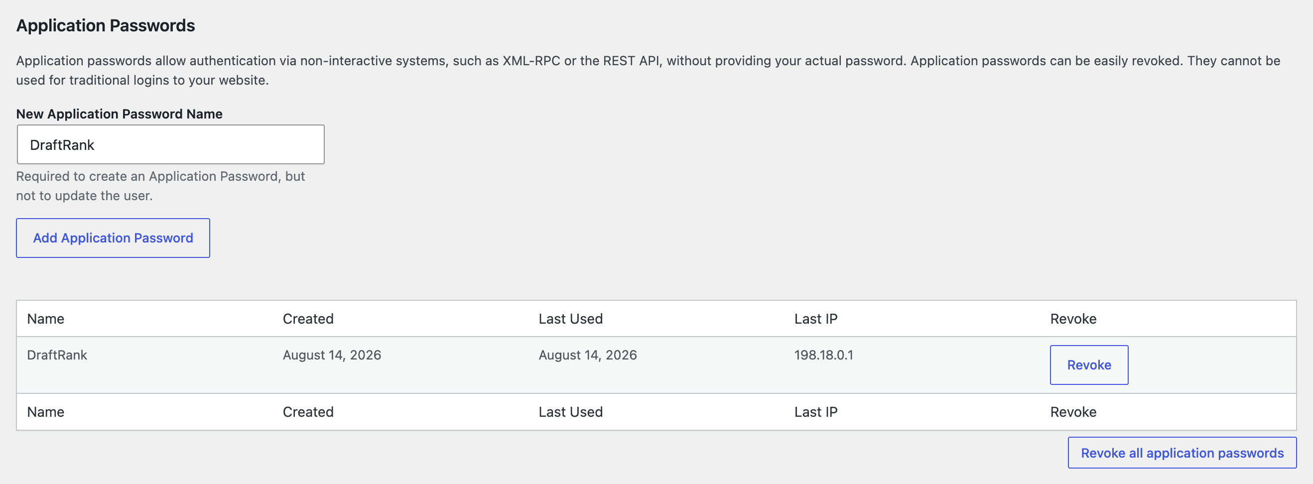 The Application Passwords section of a WordPress profile with the name DraftRank typed into the New Application Password Name field.