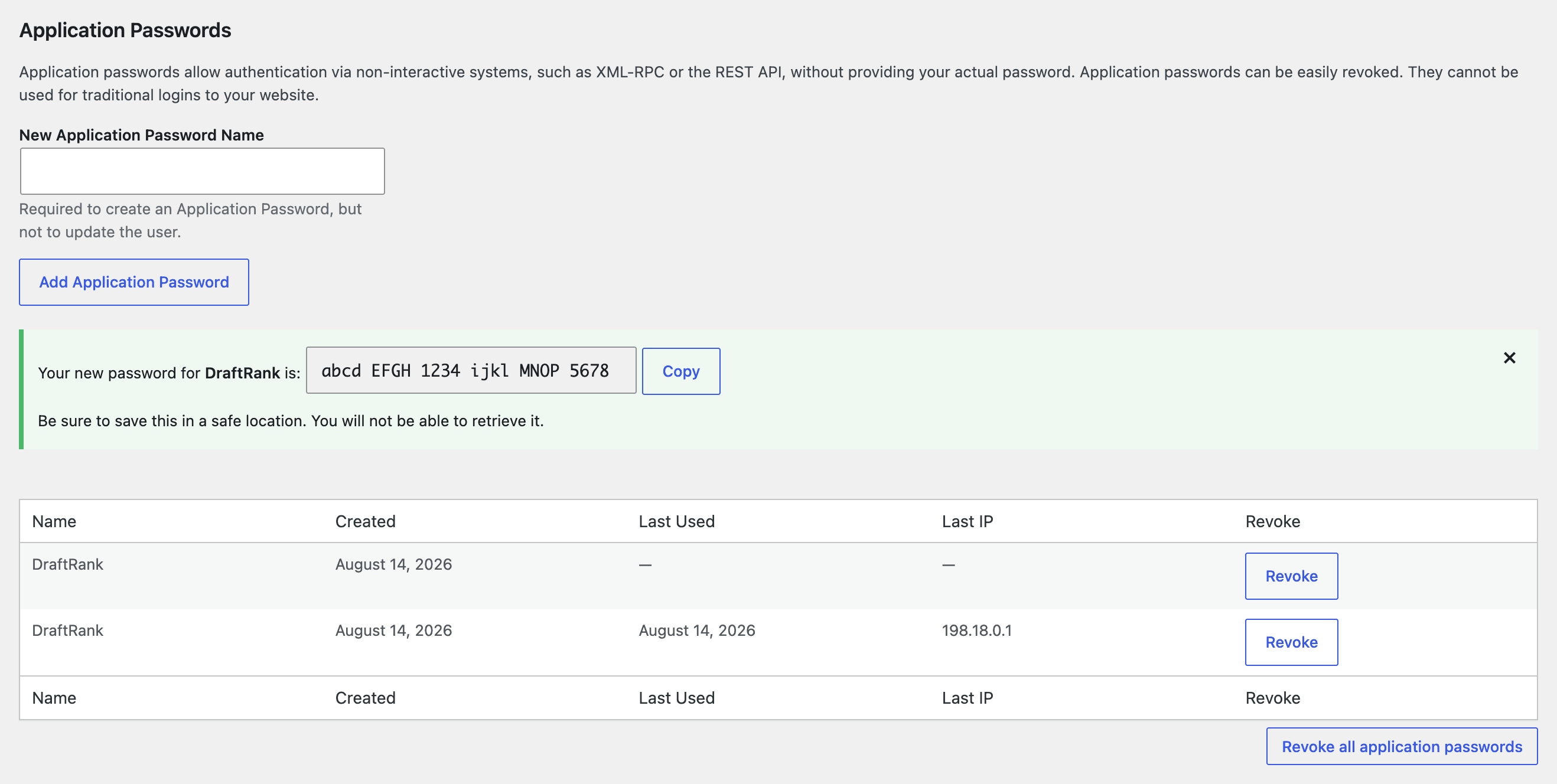 WordPress showing a newly generated application password with a Copy button, and the password listed in the table below.