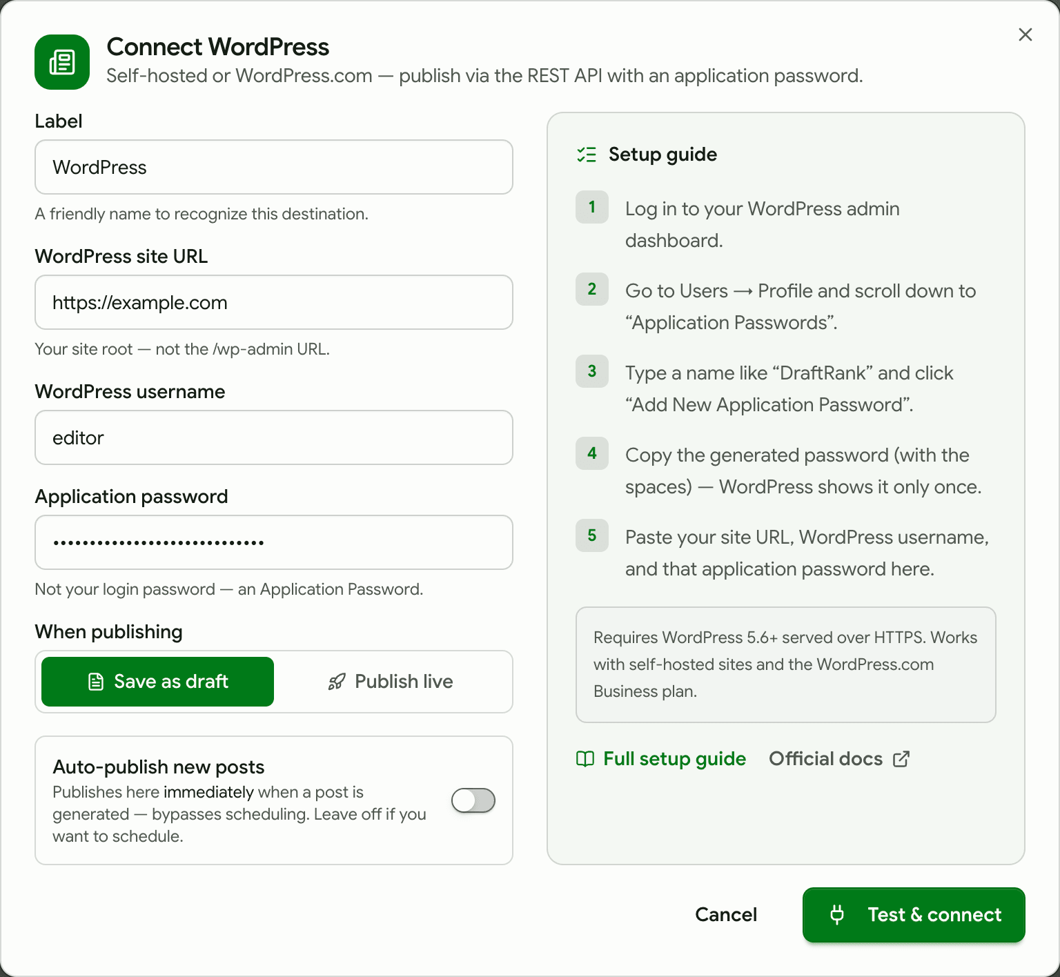 DraftRank's Connect WordPress dialog filled in with a site URL, username and application password.