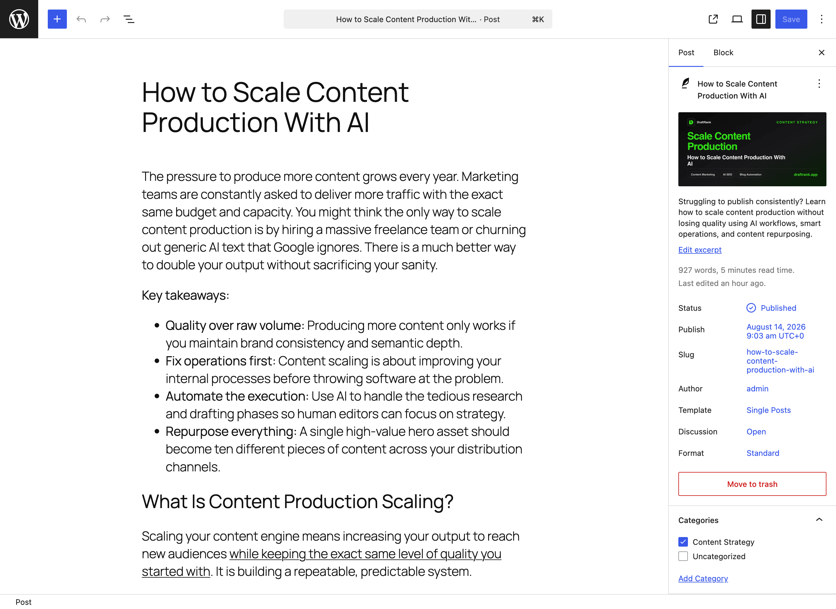The published article open in the WordPress editor, with the DraftRank cover set as the featured image, the excerpt filled in, status Published and the Content Strategy category ticked.
